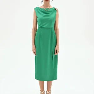 Abito tubino verde prato con scollo drappeggiato