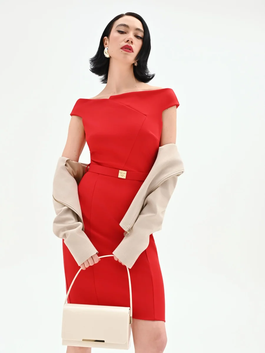 Abito tubino rosso con risvolto asimmetrico – Image 5