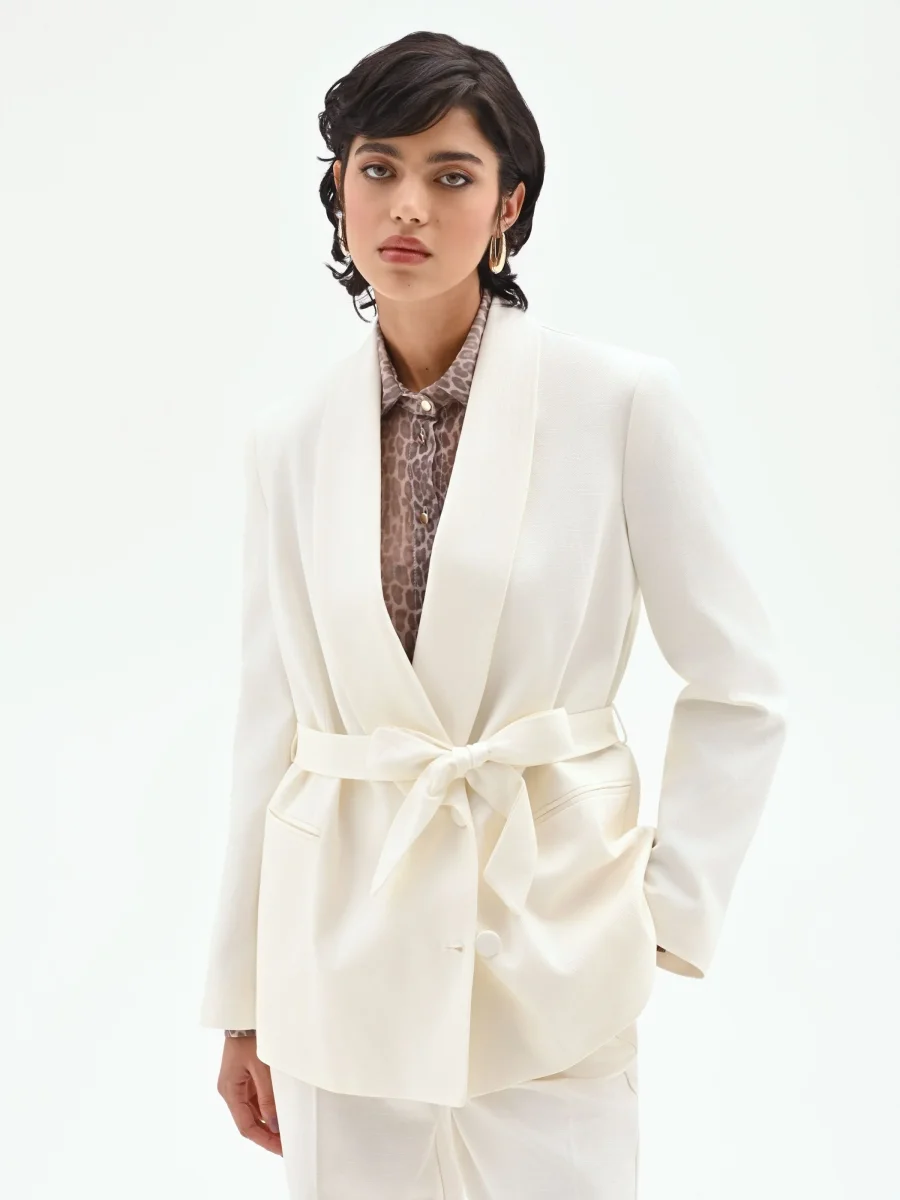 Giacca blazer doppiopetto in misto cotone lyocell bianco – Image 7