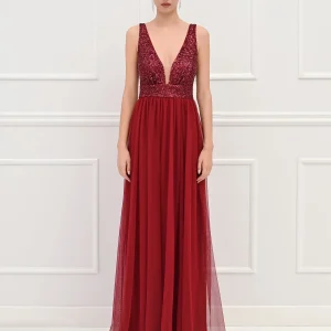 Abito lungo bordeaux rosso in tulle e paillettes