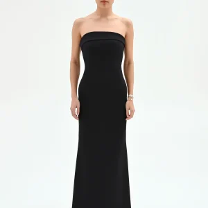 Abito lungo nero a colonna senza spalline