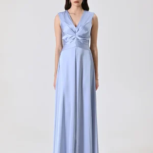 Abito Lungo Azzurro con Pieghe Cucite