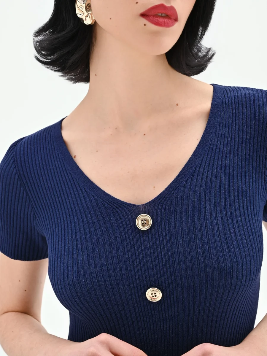 Abito longuette blu in maglia a costine con bottoni – Image 5