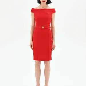 Abito tubino rosso con risvolto asimmetrico