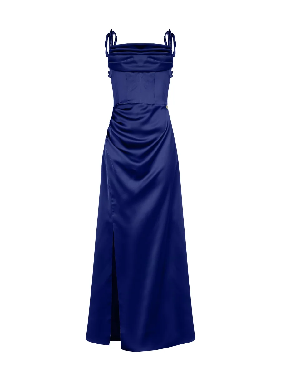 Abito atelier lungo blu indaco con corpetto drappeggiato – Image 6