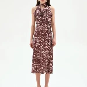 Abito midi cioccolato con fantasia e collo annodato