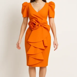 Robe Orange Chic Élégante Volants