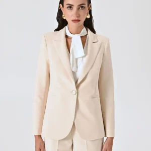 Giacca Monopetto in Tessuto Tecnico Beige Chiaro