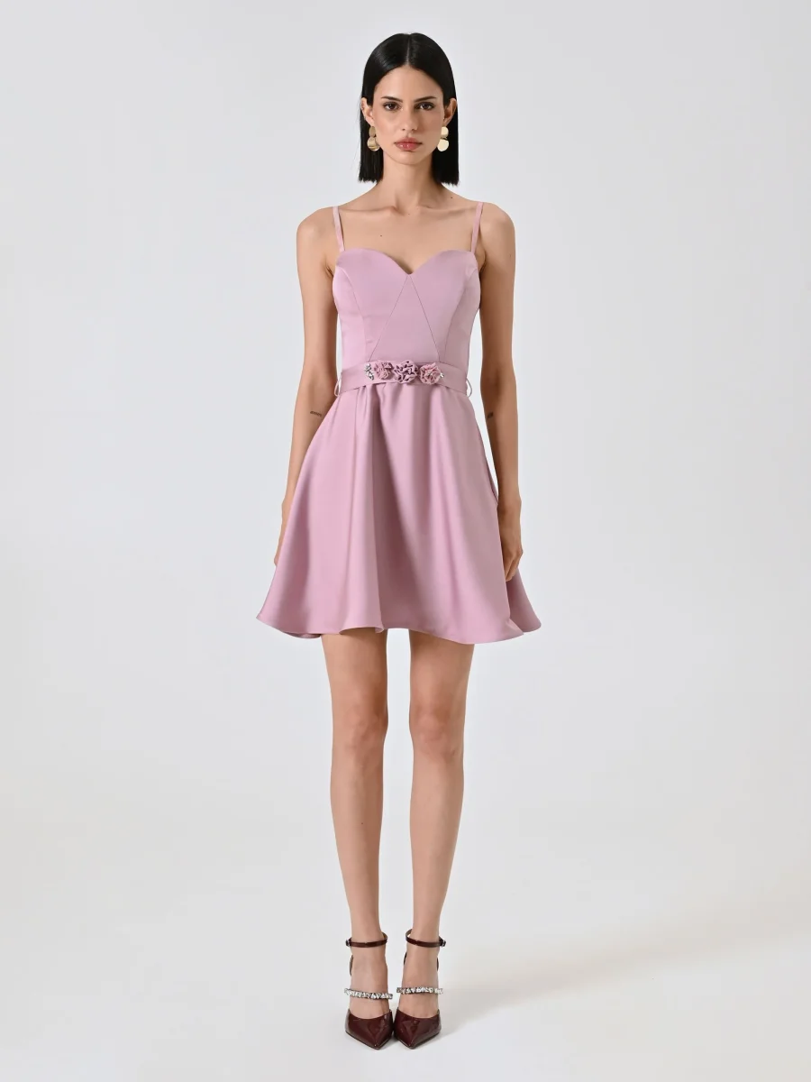 Abito a Ruota Rosa Malva in Raso – Image 2