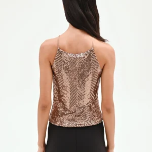 Top scollo halter in paillettes marrone bronzo