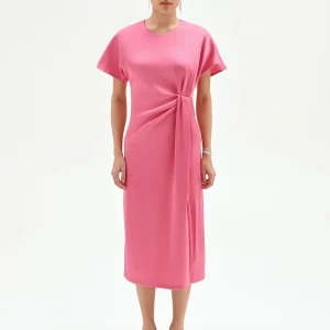 Abito midi rosa con nodo laterale