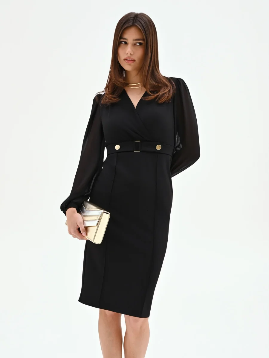 Abito tubino nero con maniche in georgette e cintura – Image 6