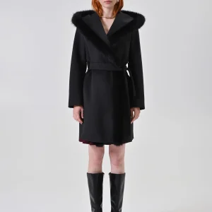 Cappotto misto Viscosa Nero con Cappuccio effetto Pelliccia
