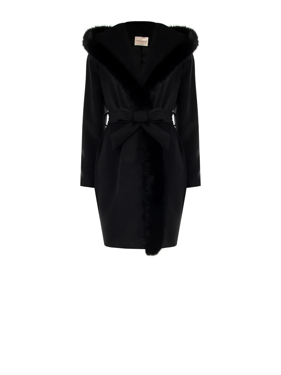 Cappotto misto Viscosa Nero con Cappuccio effetto Pelliccia – Image 7