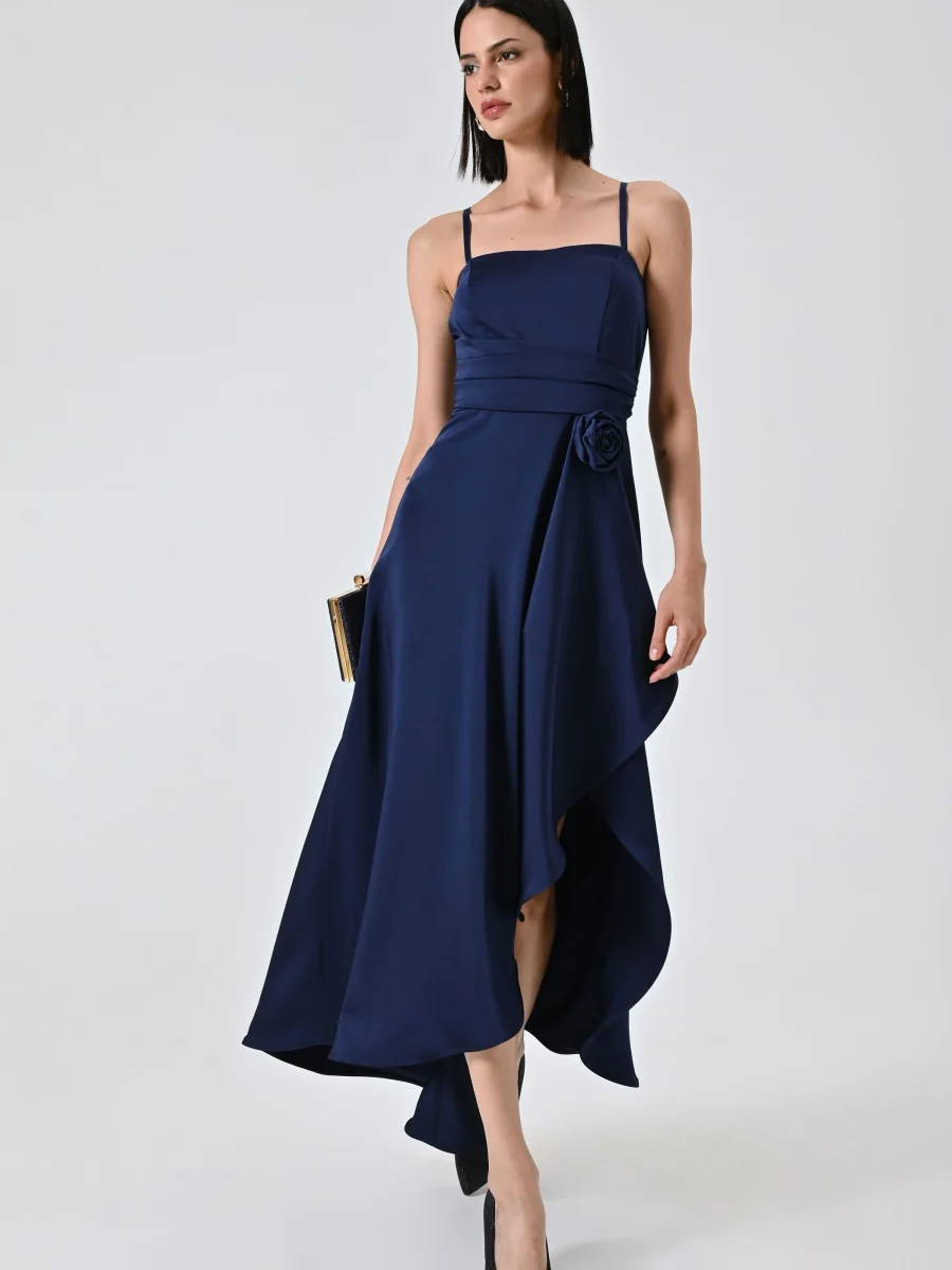 Abito High Low Blu Navy in Raso – Image 6