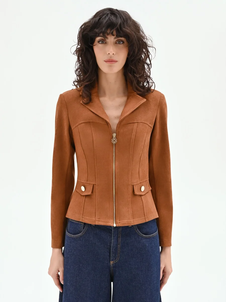 Giubbino corto cammello beige in similpelle – Image 3