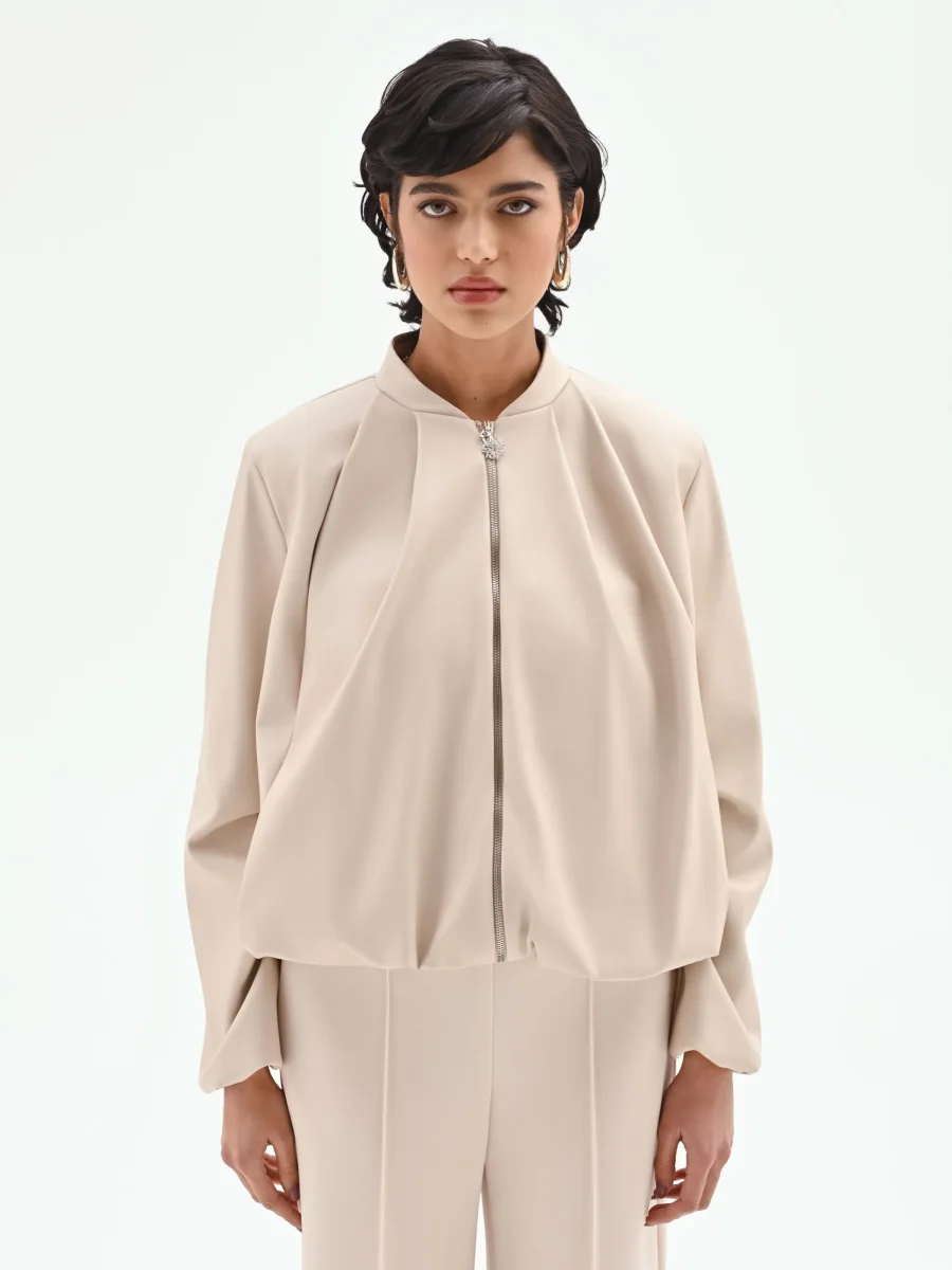 Bomber in similpelle tortora beige con maniche a palloncino – Image 3