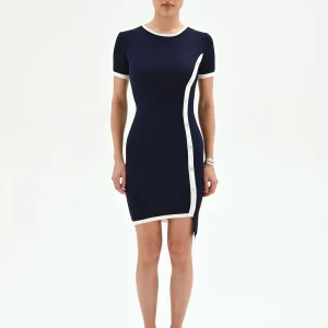 Abito tubino blu con dettagli a contrasto