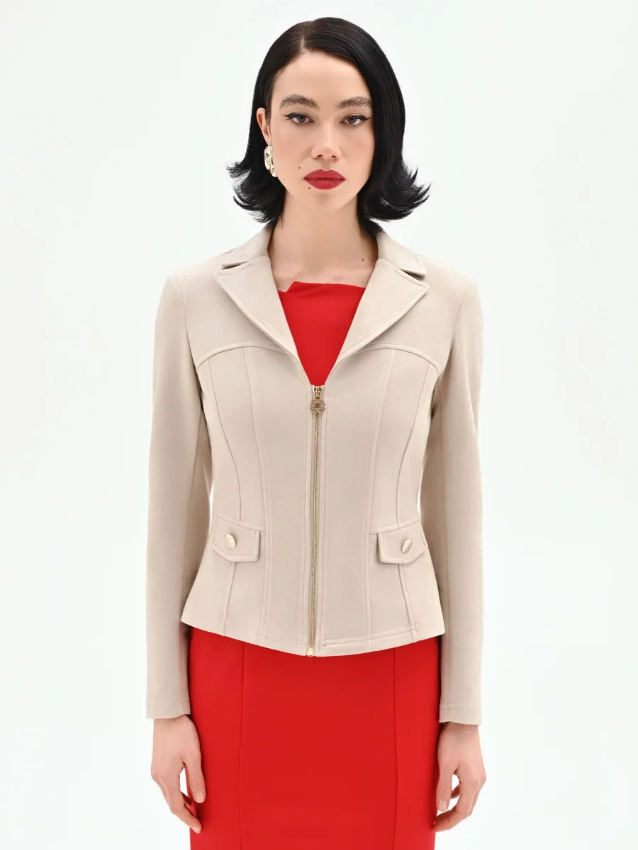 Giacca avvitata color tortora beige effetto camoscio – Image 3