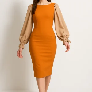 Robe Orange Chic Élégante Manches Bouffantes