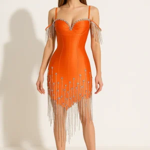 Robe Orange Chic À Strass