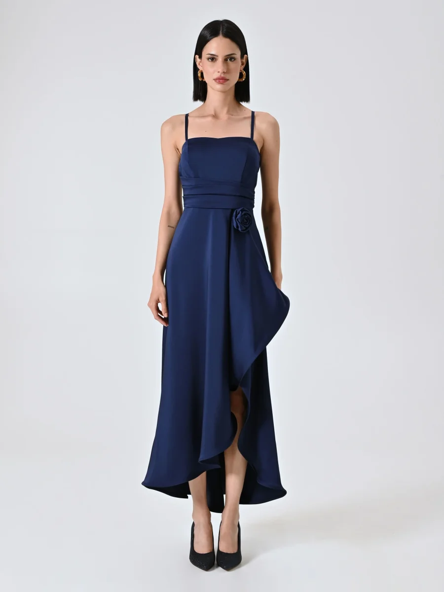 Abito High Low Blu Navy in Raso – Image 5