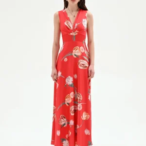Abito lungo rosso fragola con stampa floreale