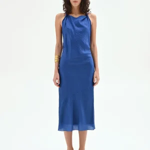 Abito midi blu brillante con scollo drappeggiato