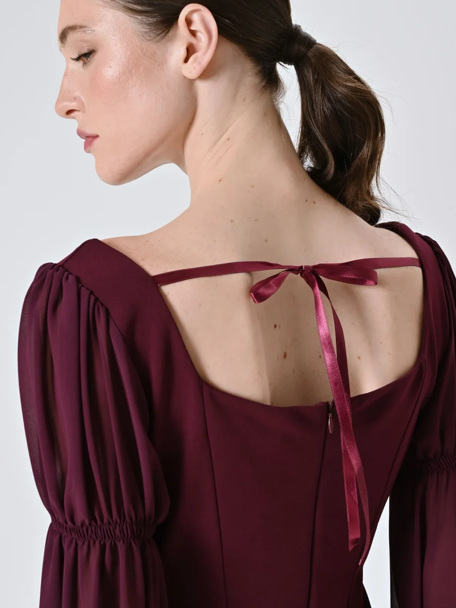 Abito Bordeaux con Maniche a Sbuffo – Image 2