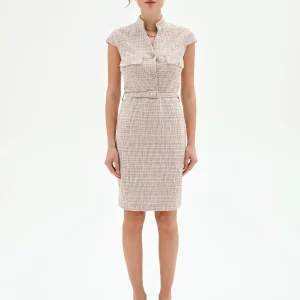 Abito a tubino beige chiaro in tweed con cintura