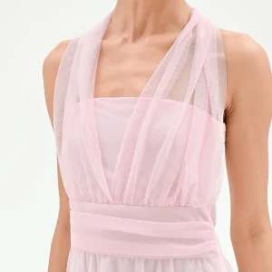 Abito lungo rosa pastello con corpino incrociato