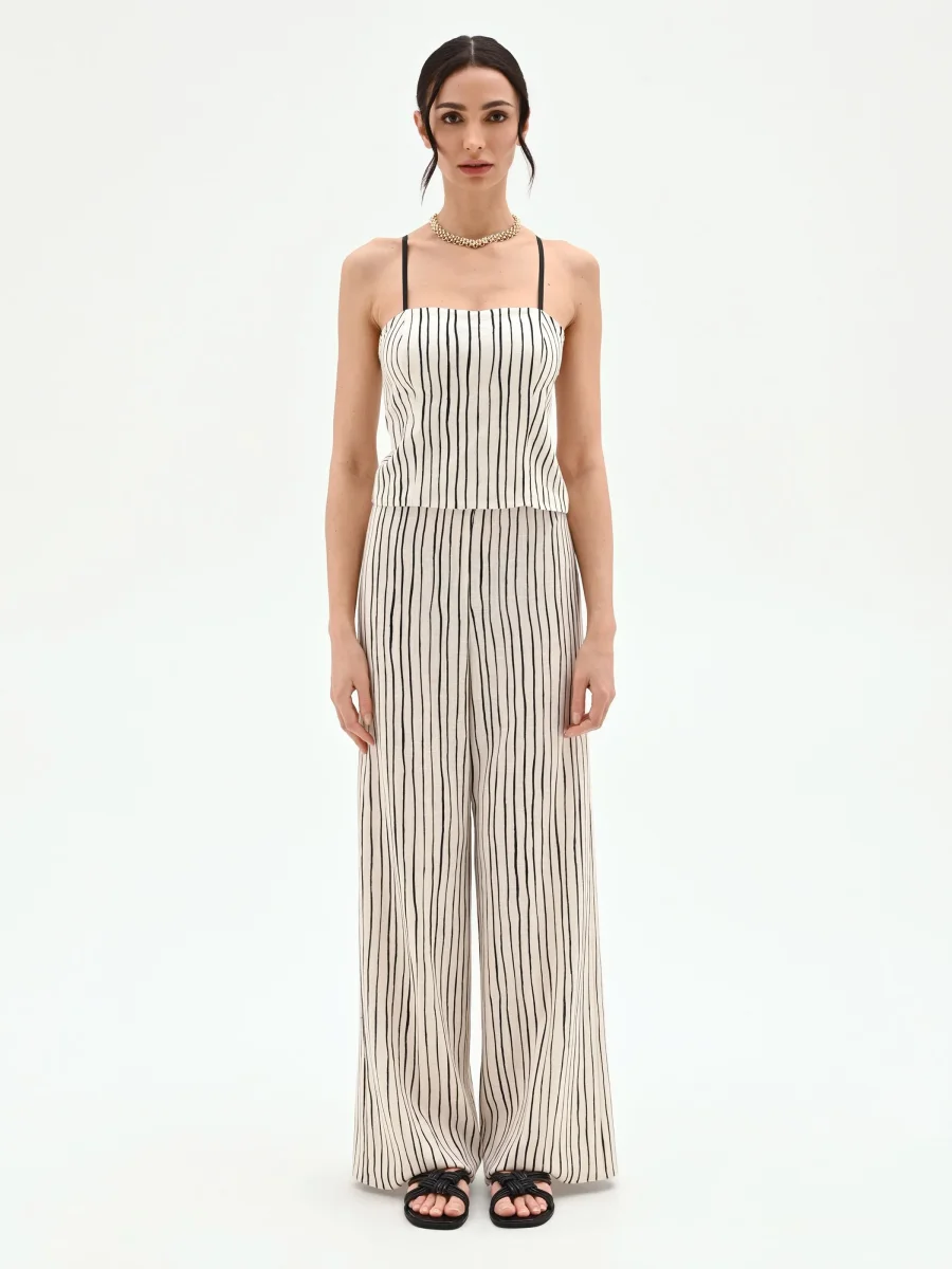 Top in lino panna con fantasia a righe