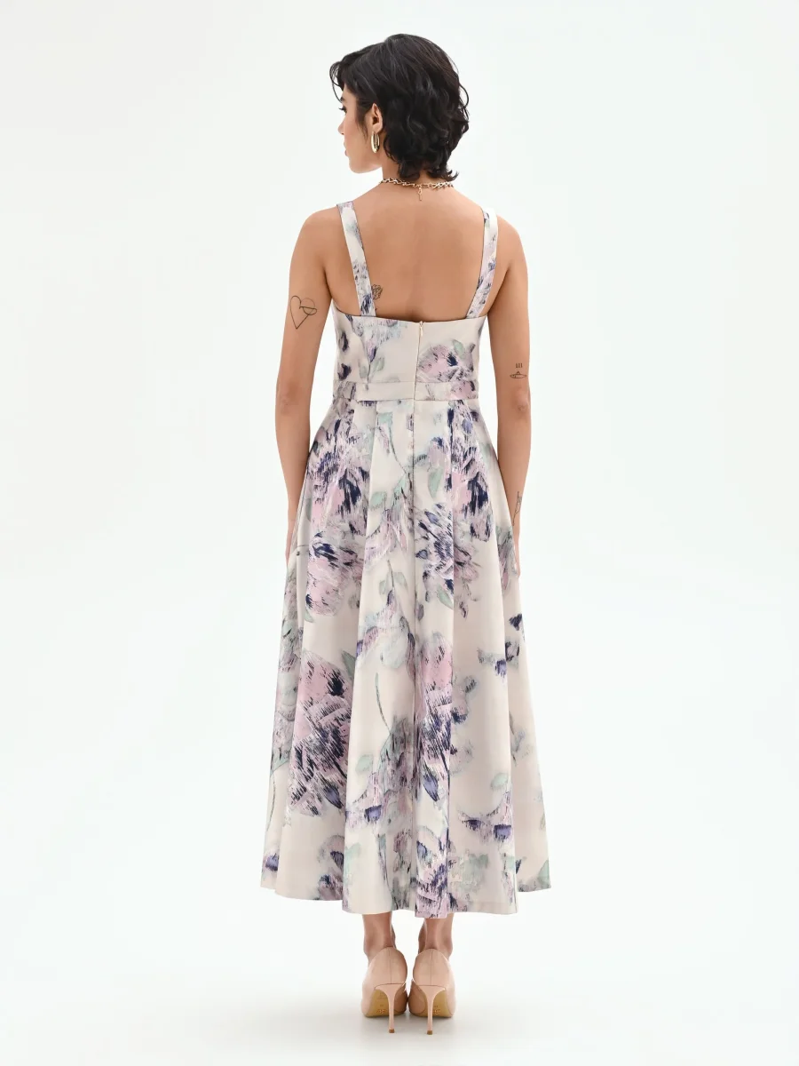 Abito midi a fiori astratti bianco panna – Image 3