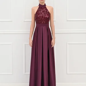 Abito lungo bordeaux in raso con corpetto di paillettes