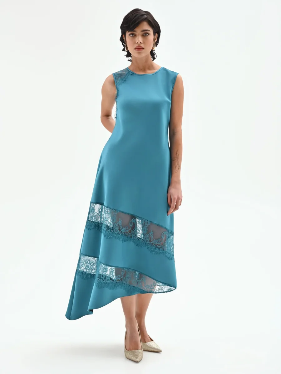 Abito longuette blu ottanio con inserti in pizzo – Image 3