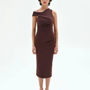 Abito tubino cioccolato con scollo asimmetrico