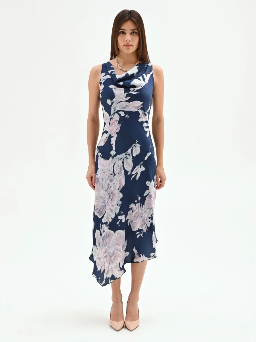 Abito longuette blu brillante con stampa floreale