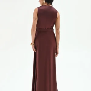 Abito lungo in raso cioccolato con cintura