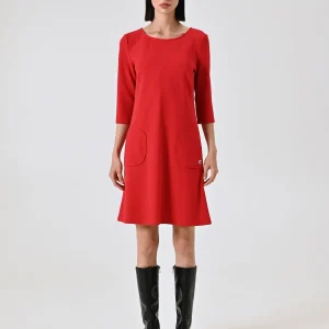 Abito Rosso con Tasche Applicate