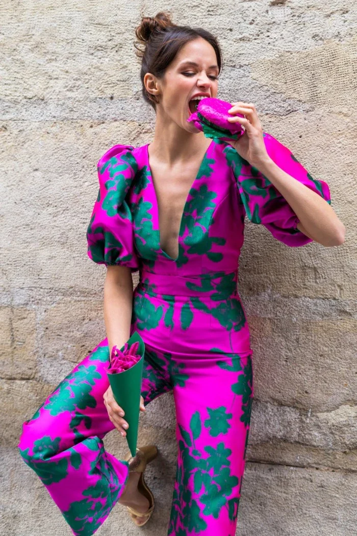 La Téméraire couleur sans manches - Jacquard Fushia & Vert - Modèle en stock – Image 4