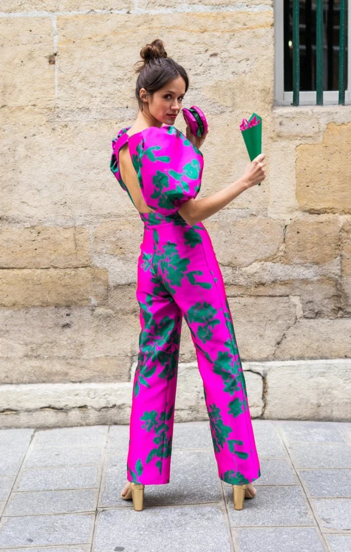 La Téméraire couleur sans manches - Jacquard Fushia & Vert - Modèle en stock – Image 5