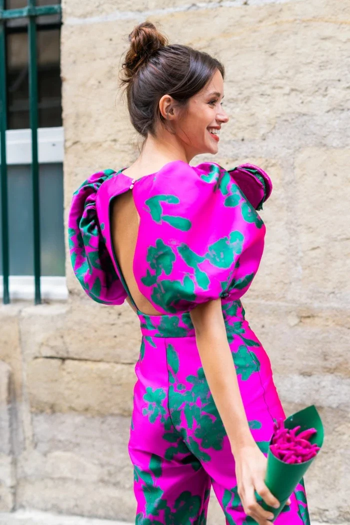 La Téméraire couleur sans manches - Jacquard Fushia & Vert - Modèle en stock – Image 6