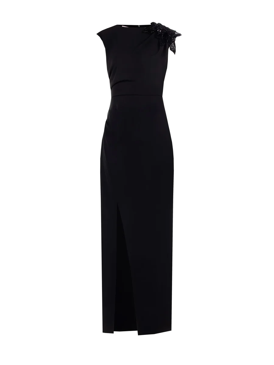 Tubino Lungo Nero con Fiore e Perle in Cadi – Image 6