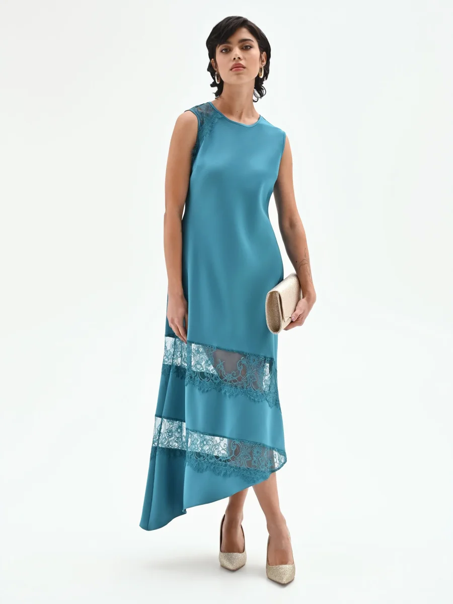 Abito longuette blu ottanio con inserti in pizzo – Image 6