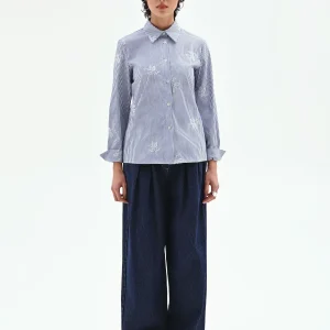 Camicia popeline a righe blu con ricami