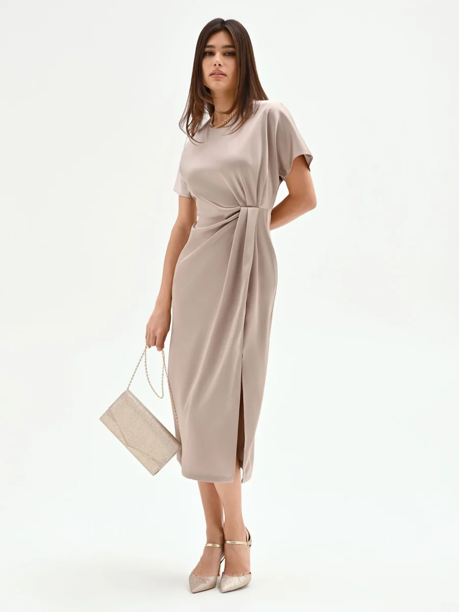 Abito in raso tortora beige con nodo laterale – Image 7