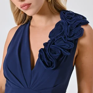 Abito Lungo Blu con decoro Fiori in Rilievo