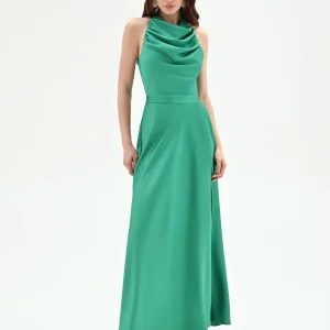 Abito lungo prato verde con scollo drappeggiato