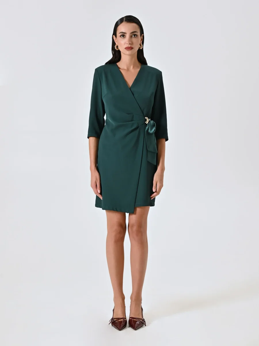 Abito Wrap con Nastri in Raso e decoro Gioiello Verde – Image 5