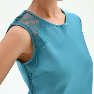 Abito longuette blu ottanio con inserti in pizzo